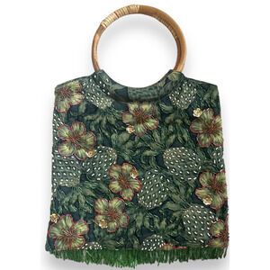 Beaded Hawaiian Tropical Handbag with Round Bamboo Handles Boho